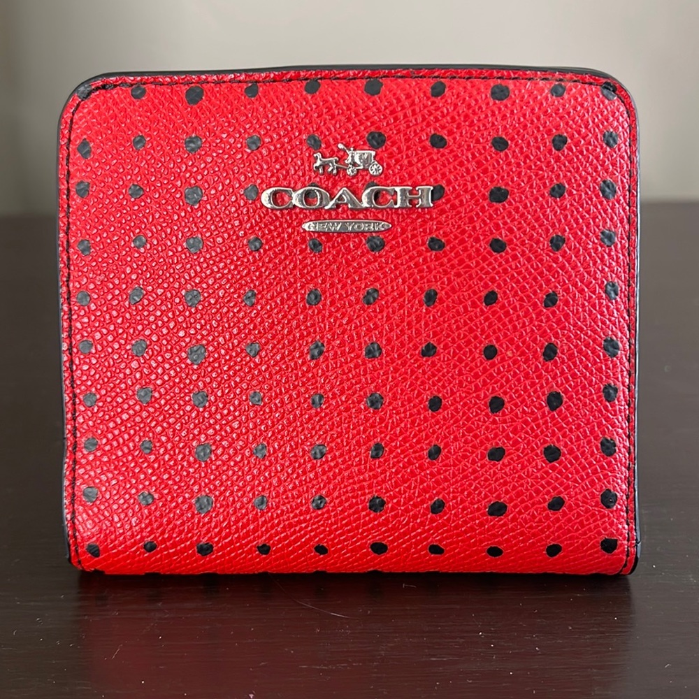 Coach Red Leather Wallet with Black Polka Dots